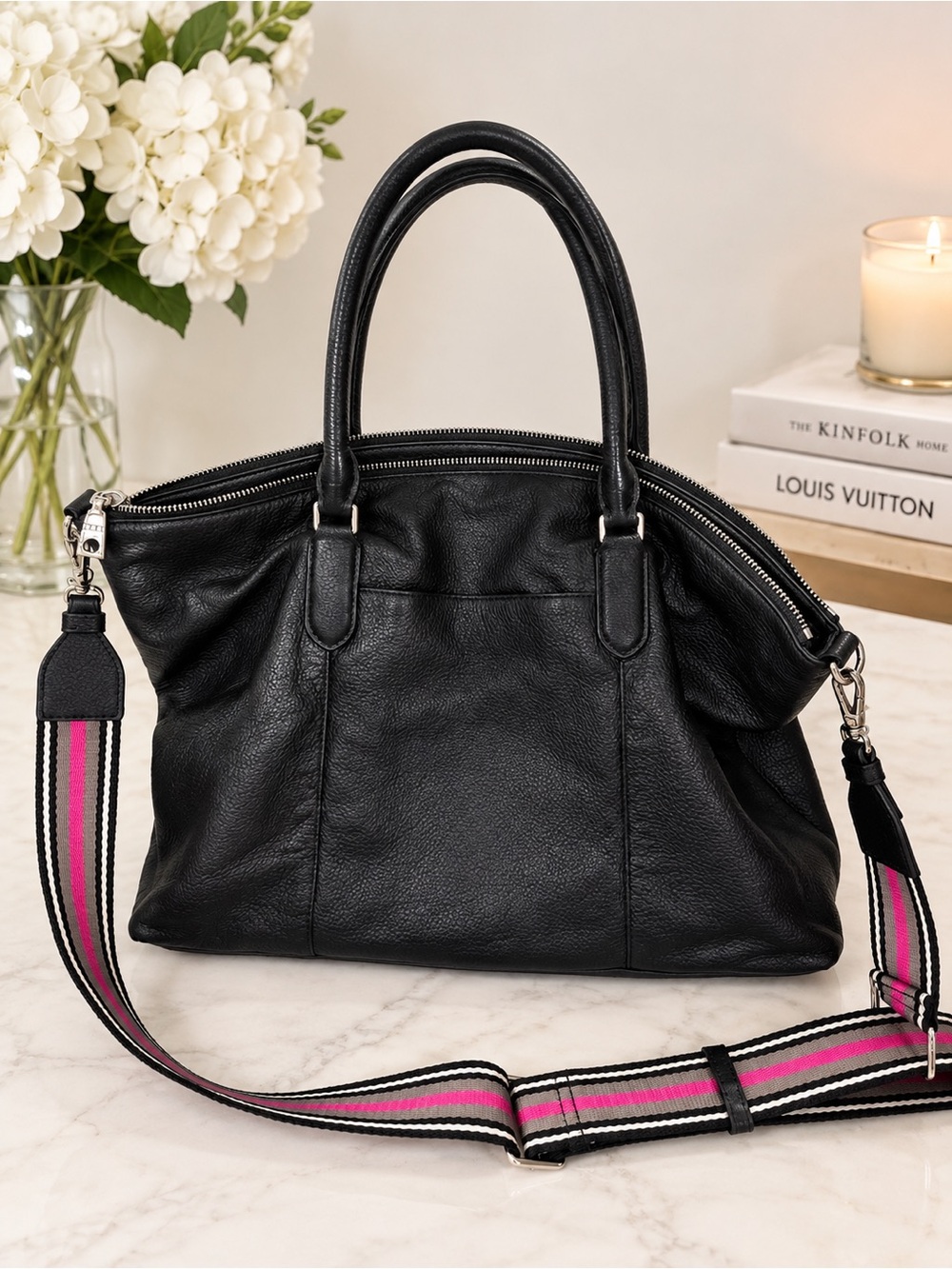 DKNY Black Leather Satchel with Removable Pink-Accent Strap